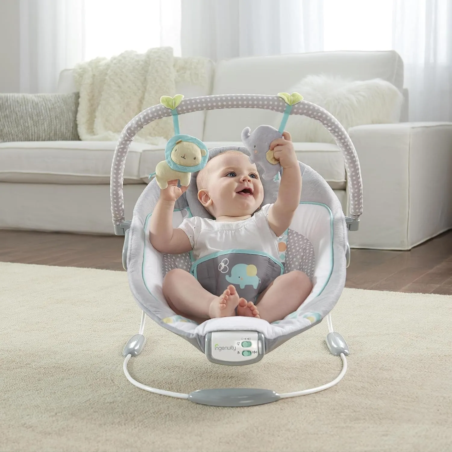 Ingenuity Soothing Baby Bouncer Infant Seat with Vibrations, -Toy Bar & Sounds, 0-6 Months Up to 20 lbs (Morrison)