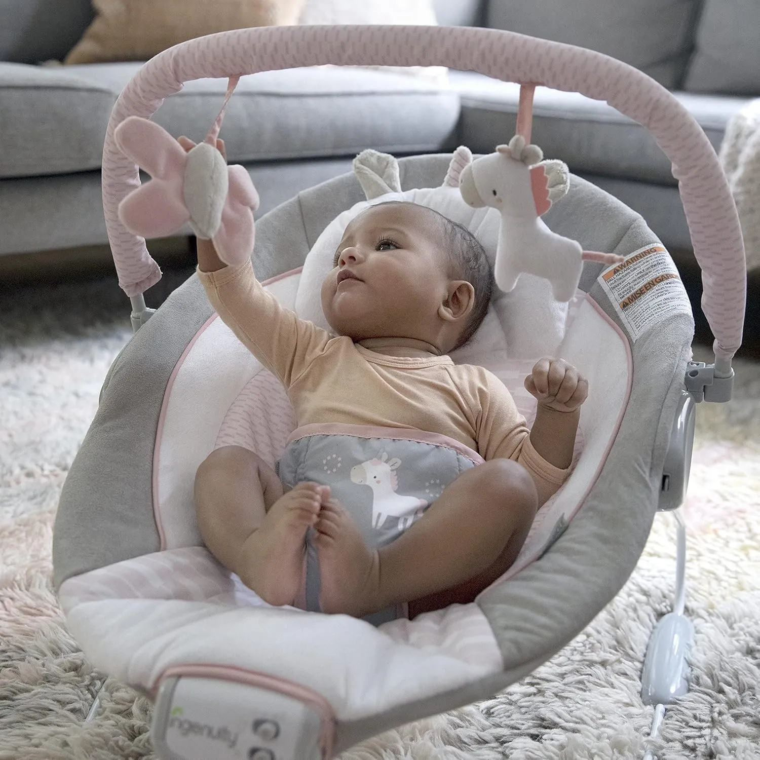 Ingenuity Soothing Baby Bouncer Infant Seat with Vibrations, -Toy Bar & Sounds, 0-6 Months Up to 20 lbs (Pink Flora the Unicorn)