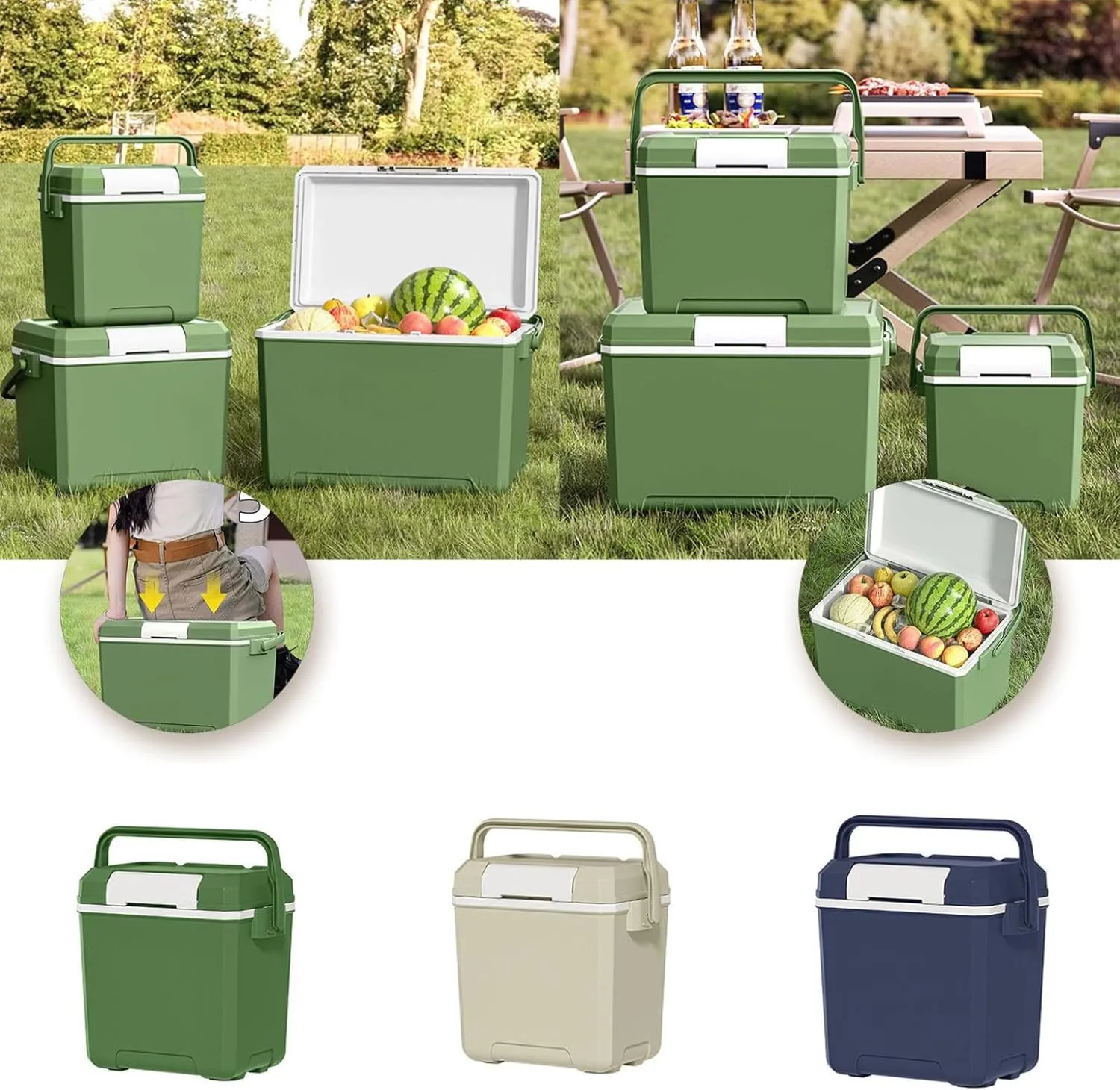 Insulated Portable Camping Coolers, Ice Retention Hard Cooler with Handle, Small Ice Chest Hard Food Storage for Beach, Camping, Sports
