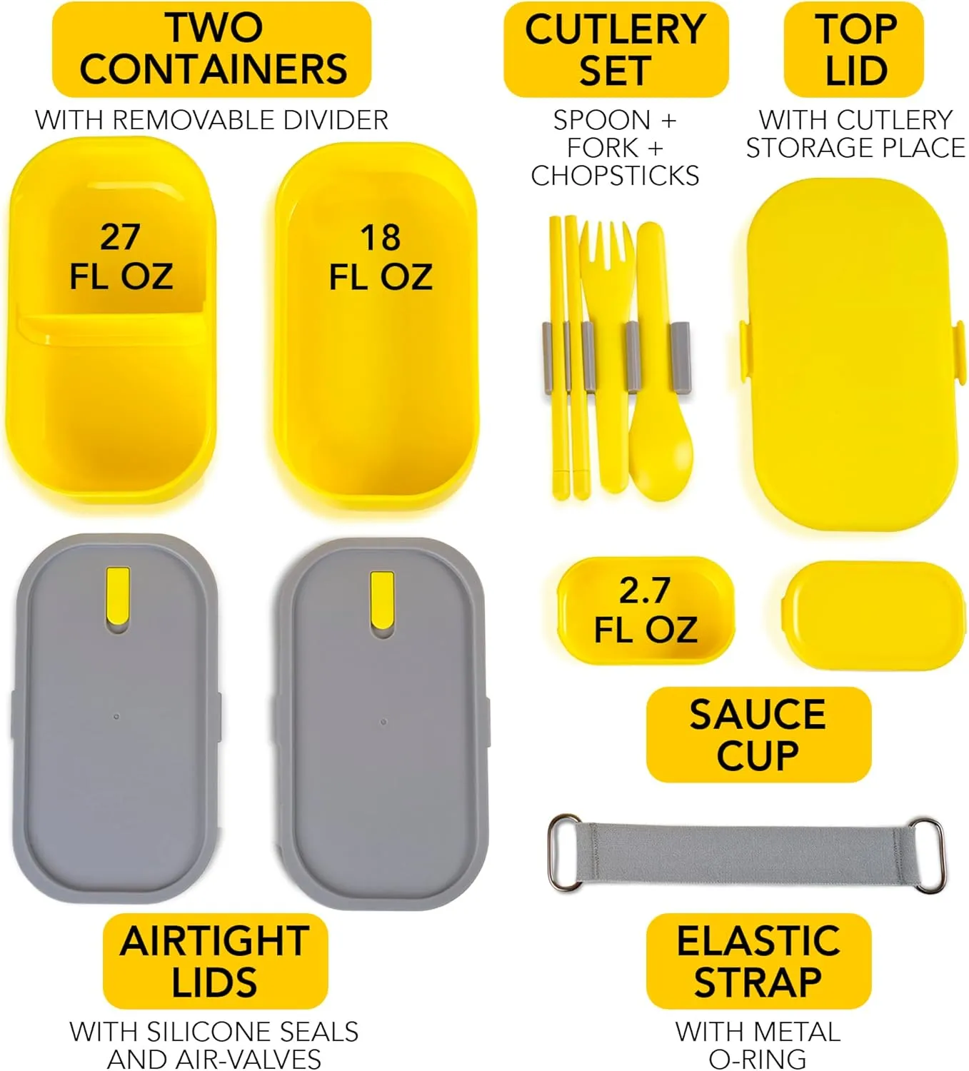 Insulated Stackable Bento Box for Adults with Reusable Chopsticks Japanese Lunch Box Microwavable & Leak Proof Lunch Containers for Men & Women Modern Cute Food Container with Compartments (Yellow)