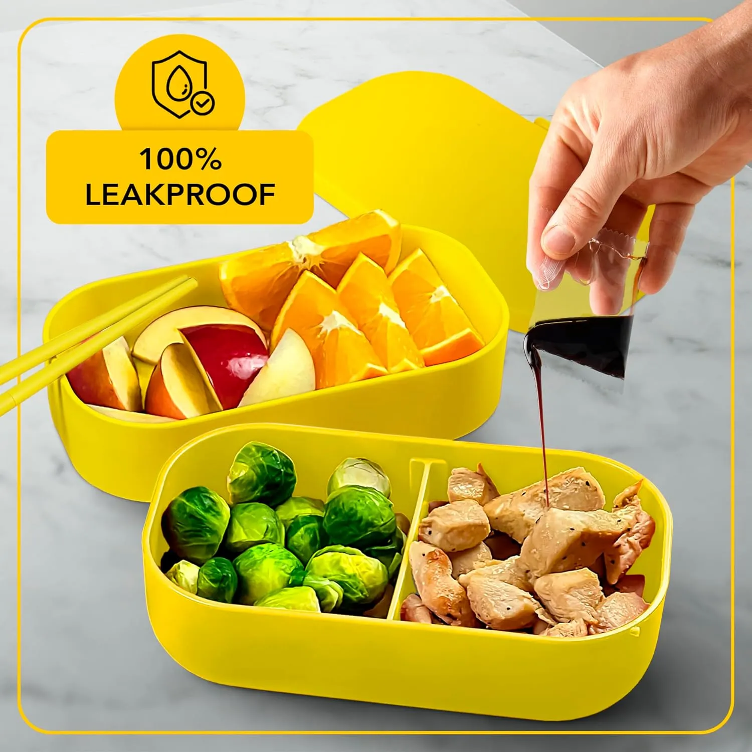 Insulated Stackable Bento Box for Adults with Reusable Chopsticks Japanese Lunch Box Microwavable & Leak Proof Lunch Containers for Men & Women Modern Cute Food Container with Compartments (Yellow)