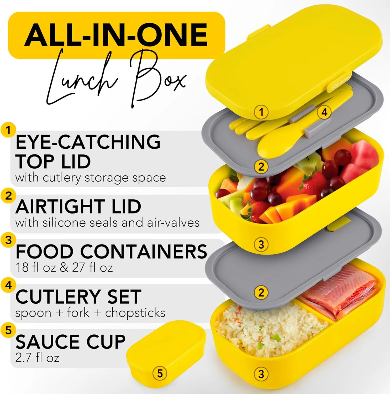 Insulated Stackable Bento Box for Adults with Reusable Chopsticks Japanese Lunch Box Microwavable & Leak Proof Lunch Containers for Men & Women Modern Cute Food Container with Compartments (Yellow)