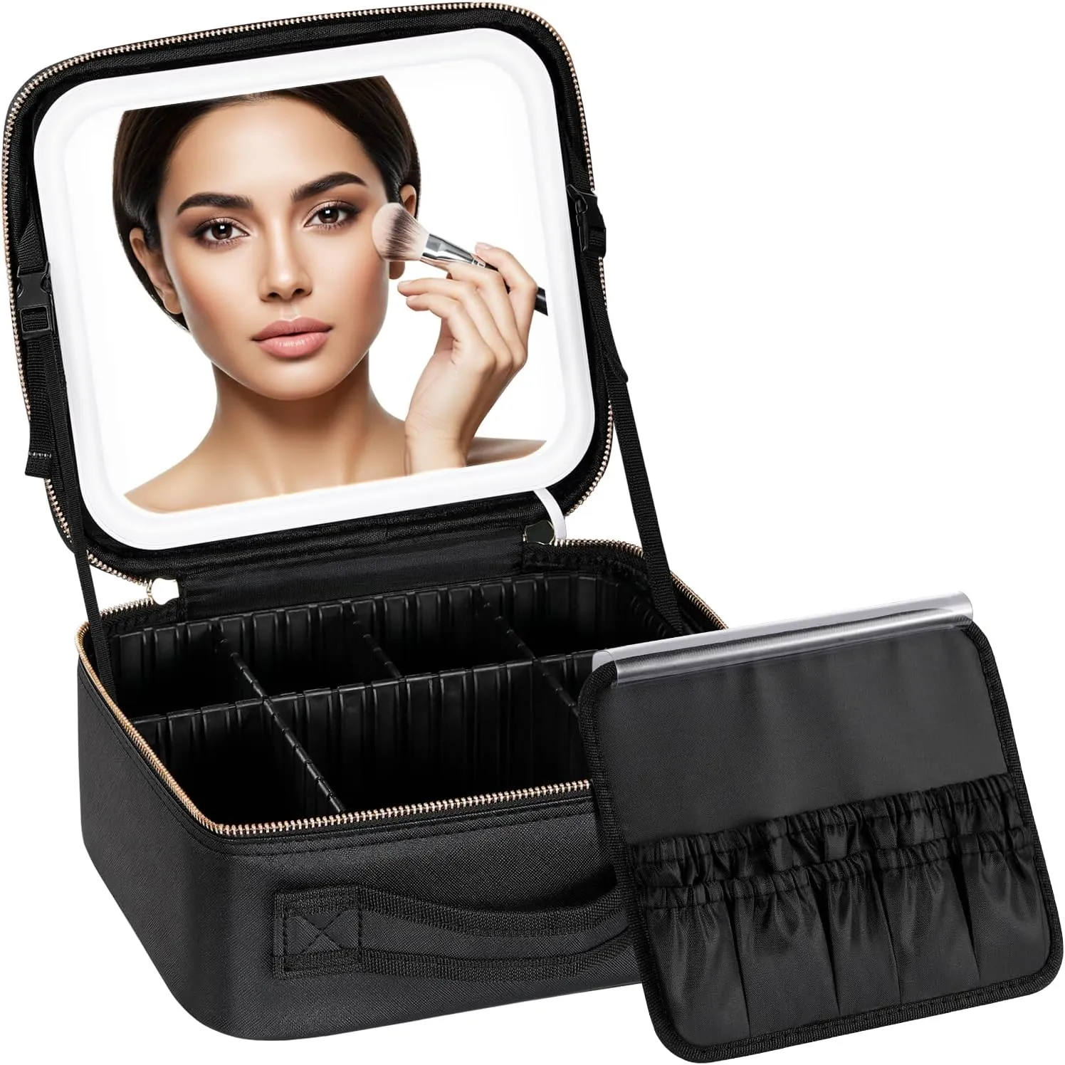 IPOW Travel Makeup Bag with LED Mirror, 3 Adjustable Light Settings, Customizable Dividers, Portable Travel Organizer, USB Charging, Black, Small