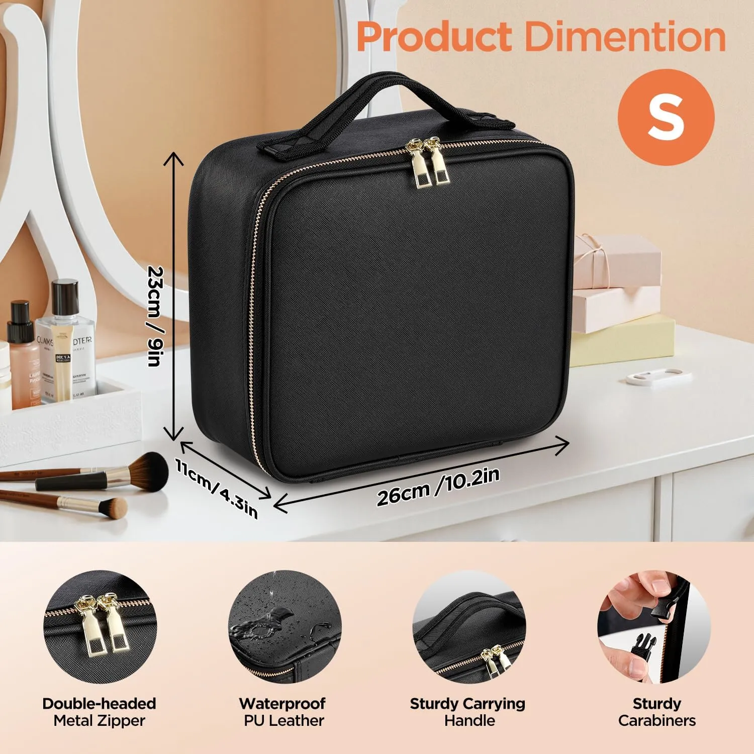 IPOW Travel Makeup Bag with LED Mirror, 3 Adjustable Light Settings, Customizable Dividers, Portable Travel Organizer, USB Charging, Black, Small