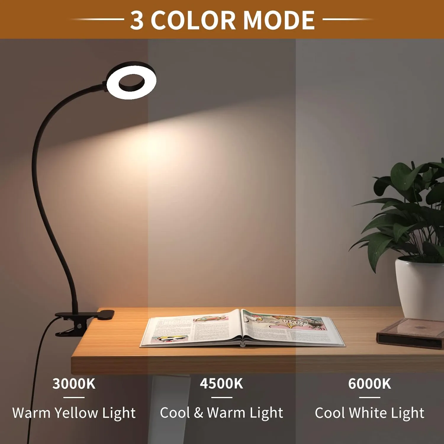 iZELL Desk Lamp, [3 Color Modes & 10 Brightness] LED Reading Light with Clamp, Flexible Gooseneck Book Light for Kids Reading Book in Bed at Night Clip on Table, Headboard, Dorm - 15.8‘’ Black