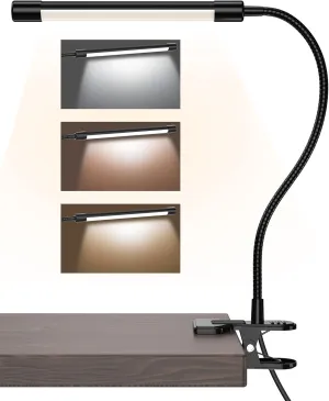 JHD LED Desk Lamp with Clamp - Adjustable 3 Color Modes 10 Brightness Level Table Lamp, USB Eye Caring Flexible Gooseneck Desk Light for Home Office, Dorm Room, Reading, Nail, Clip On Light, Black
