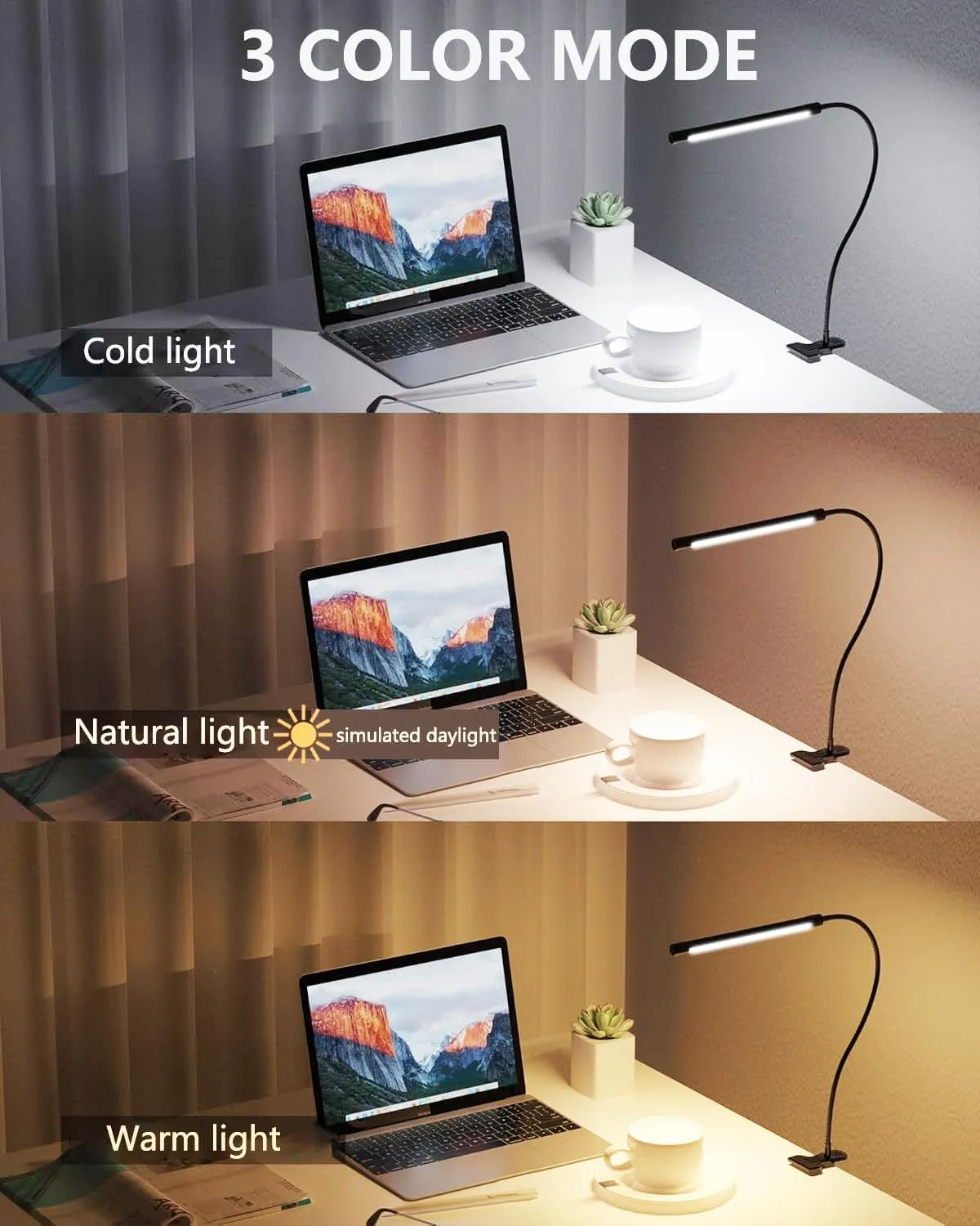 JHD LED Desk Lamp with Clamp - Adjustable 3 Color Modes 10 Brightness Level Table Lamp, USB Eye Caring Flexible Gooseneck Desk Light for Home Office, Dorm Room, Reading, Nail, Clip On Light, Black