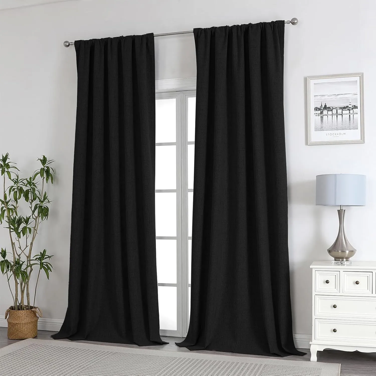 Joydeco 100% Blackout Curtains 84 inches Long Natural Linen Drapes 2 Panels Set Burg for Bedroom Living Room Black Out Darkening Curtain Thermal Insulated Back tab Rod Pocket(52x84 inch,Black)