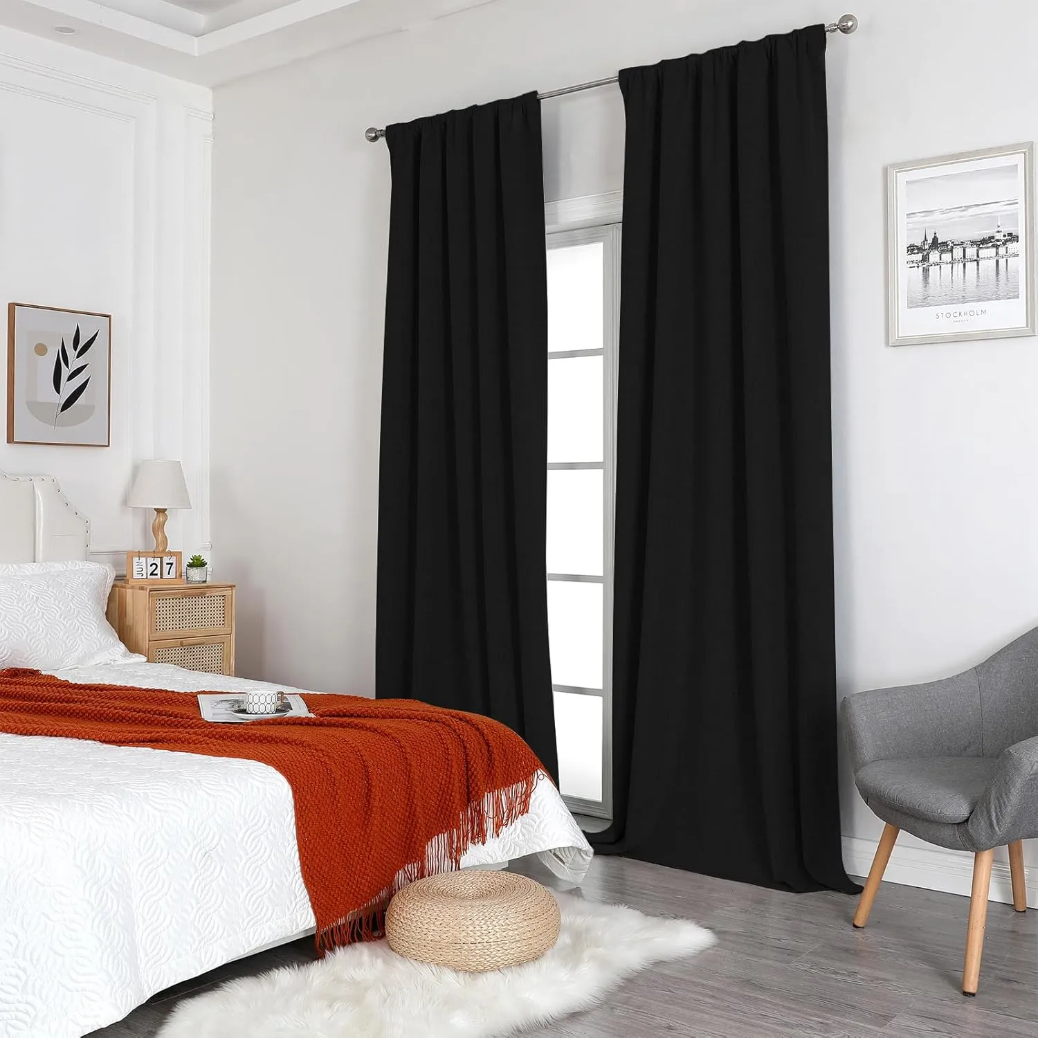 Joydeco 100% Blackout Curtains 84 inches Long Natural Linen Drapes 2 Panels Set Burg for Bedroom Living Room Black Out Darkening Curtain Thermal Insulated Back tab Rod Pocket(52x84 inch,Black)
