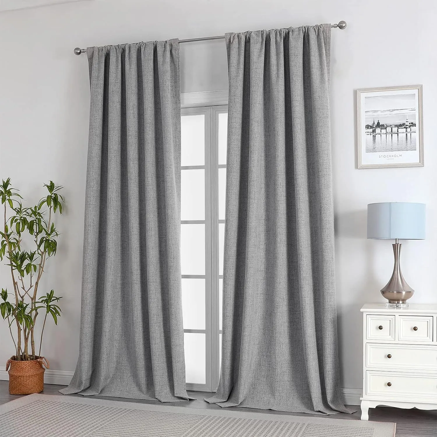 Joydeco Linen Curtains 84 inch Length 2 Panels Set Burg 100% Blackout Long Drapes for Bedroom Living Room Black Out Darkening Curtain Thermal Insulated Back tab Rod Pocket(52x84 inch,Light Grey)