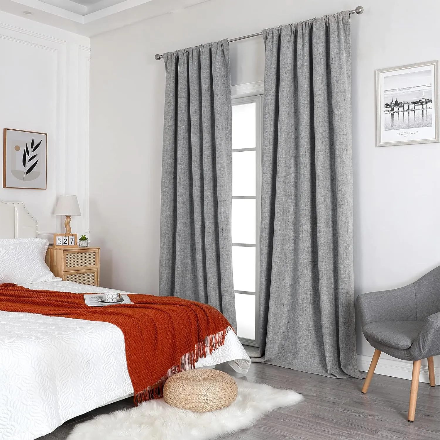 Joydeco Linen Curtains 84 inch Length 2 Panels Set Burg 100% Blackout Long Drapes for Bedroom Living Room Black Out Darkening Curtain Thermal Insulated Back tab Rod Pocket(52x84 inch,Light Grey)