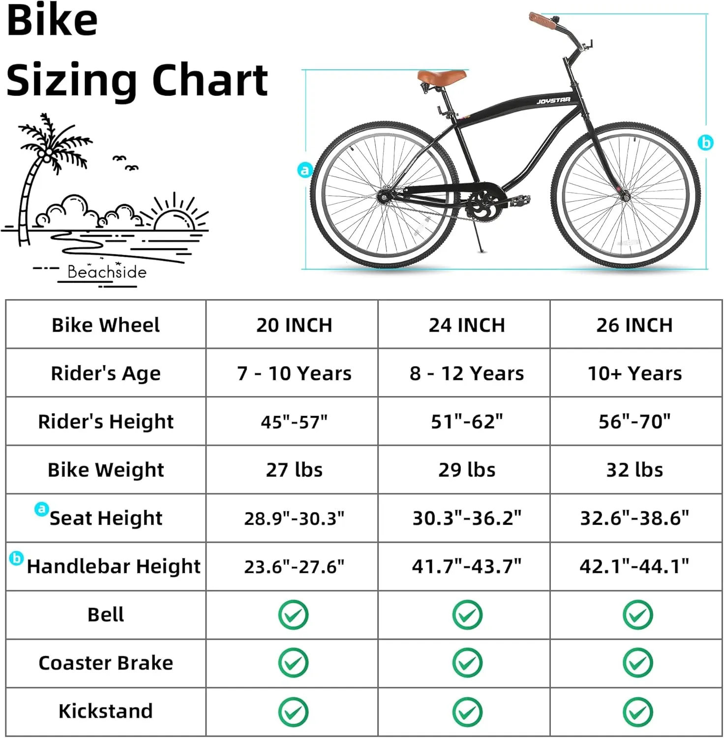 JOYSTAR 20" 24" 26" Beach Cruiser Bike for Girls, Boys, Mens and Womens, Single Speed Kids Cruiser Bikes with Coaster Brake, Multiple Colors