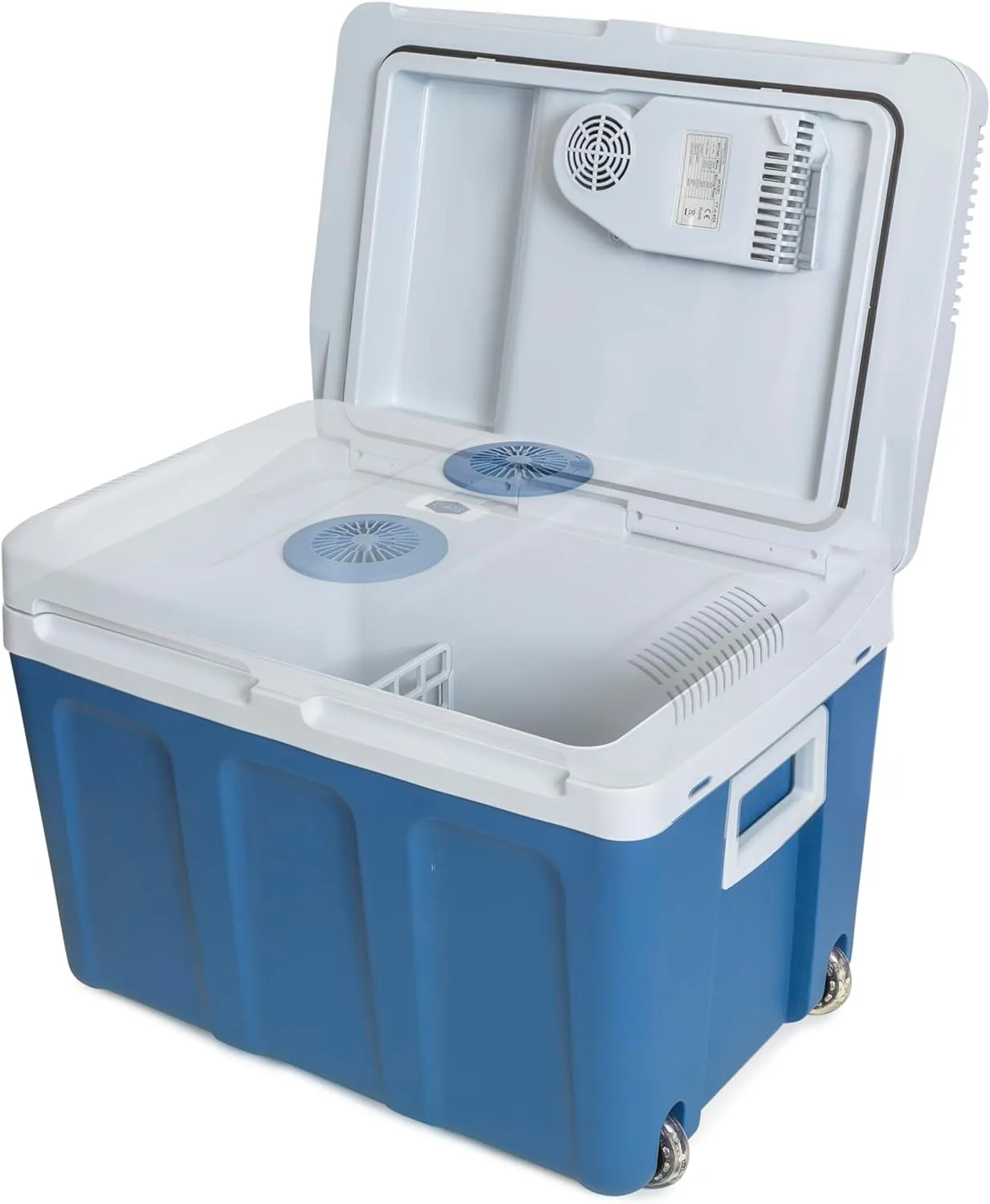 K-Box Electric Cooler and Warmer with Wheels for Car and Home - 48 Quart (45 Liter) - 6 FT. Extra Long Cables Dual 110V AC House and 12V DC Vehicle Plugs (Blue)