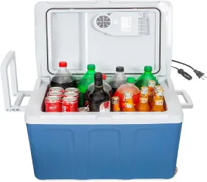 K-Box Electric Cooler and Warmer with Wheels for Car and Home - 48 Quart (45 Liter) - 6 FT. Extra Long Cables Dual 110V AC House and 12V DC Vehicle Plugs (Blue)
