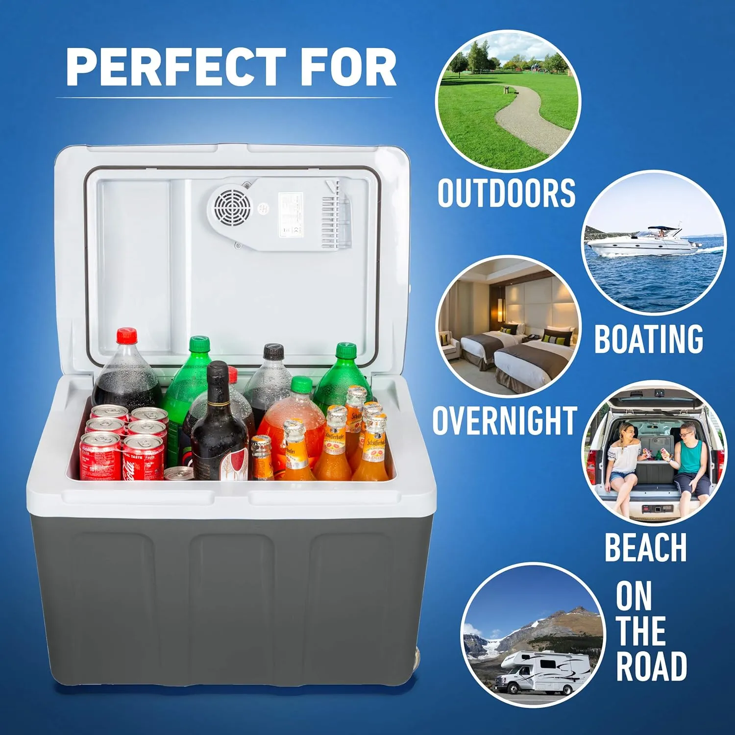 K-box Electric Cooler and Warmer with Wheels for Car and Home - 48 Quart (45 Liter) - 6 FT. EXTRA Long Cables Dual 110V AC House and 12V DC Vehicle Plugs (Grey White Blue)