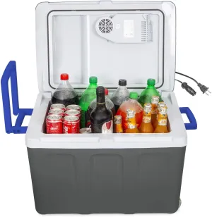 K-box Electric Cooler and Warmer with Wheels for Car and Home - 48 Quart (45 Liter) - 6 FT. EXTRA Long Cables Dual 110V AC House and 12V DC Vehicle Plugs (Grey White Blue)