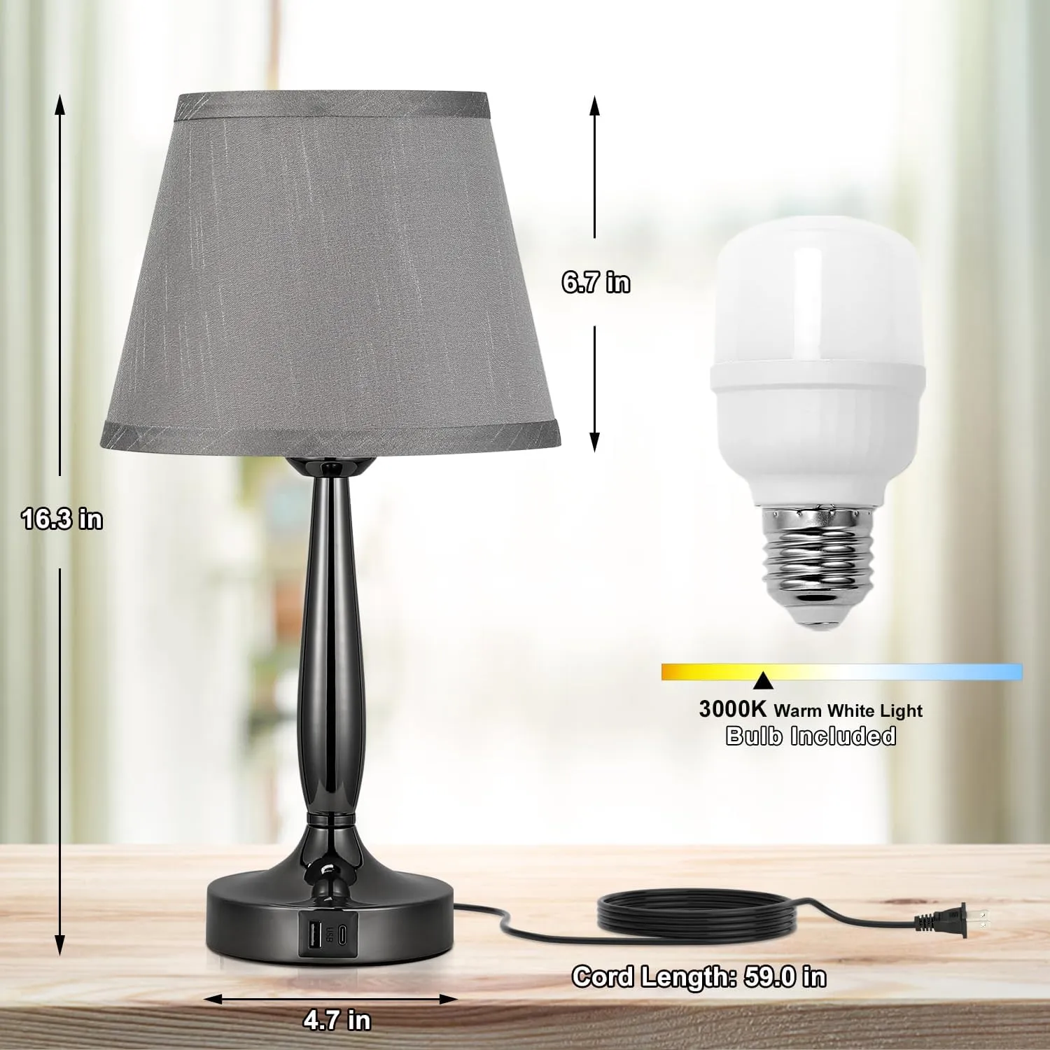 Kakanuo Touch Table Lamp for Bedroom, Small Bedside Lamp with USB C Charging Port, 3 Way Dimmable Touch Control Nightstand Lamp for Living Room and Office, LED Bulb Included