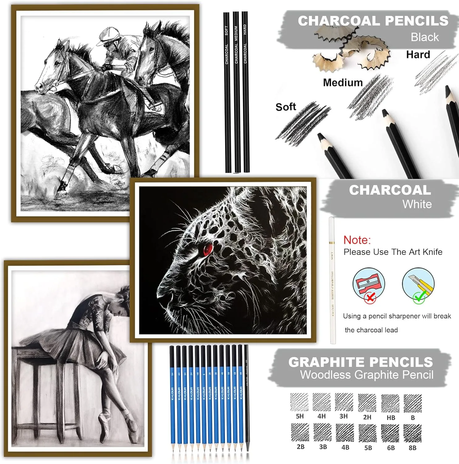 KALOUR Sketching Pencil Set(34 Pack) - Includes Sketchbook - Zippered Travel Case - Sketch Pencil,Charcoal Pencil,Blending Paper,Eraser - Art Drawing Supplies for Beginner, Kids,Adults