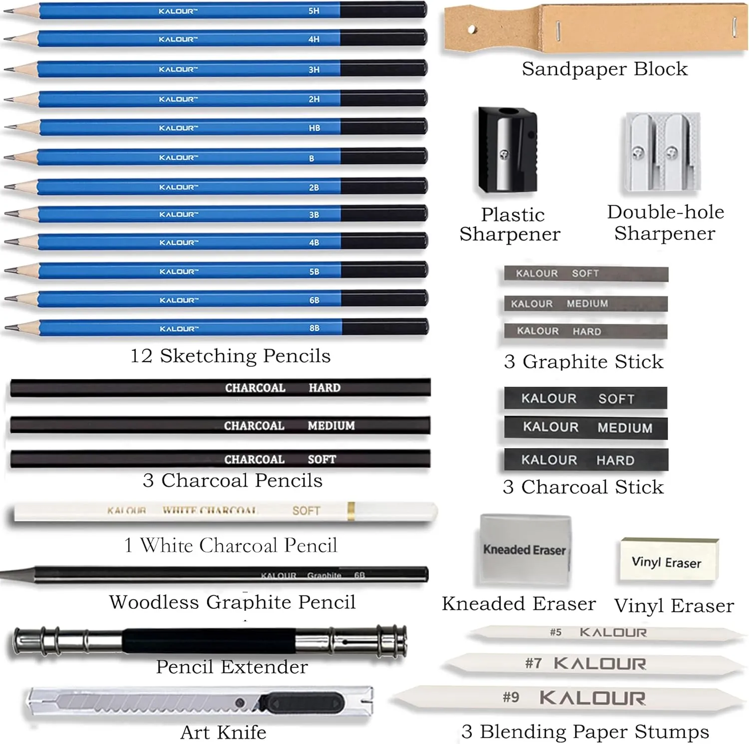 KALOUR Sketching Pencil Set(34 Pack) - Includes Sketchbook - Zippered Travel Case - Sketch Pencil,Charcoal Pencil,Blending Paper,Eraser - Art Drawing Supplies for Beginner, Kids,Adults
