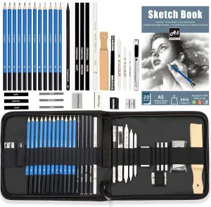 KALOUR Sketching Pencil Set(34 Pack) - Includes Sketchbook - Zippered Travel Case - Sketch Pencil,Charcoal Pencil,Blending Paper,Eraser - Art Drawing Supplies for Beginner, Kids,Adults