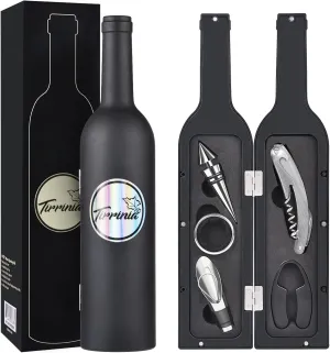Kato Wine Accessories Gift Set - Bottle Corkscrew Opener Kit, Drip Ring, Foil Cutter, Wine Pourer and Stopper in Novelty Bottle-Shaped Case - Valentine's Gift, Black
