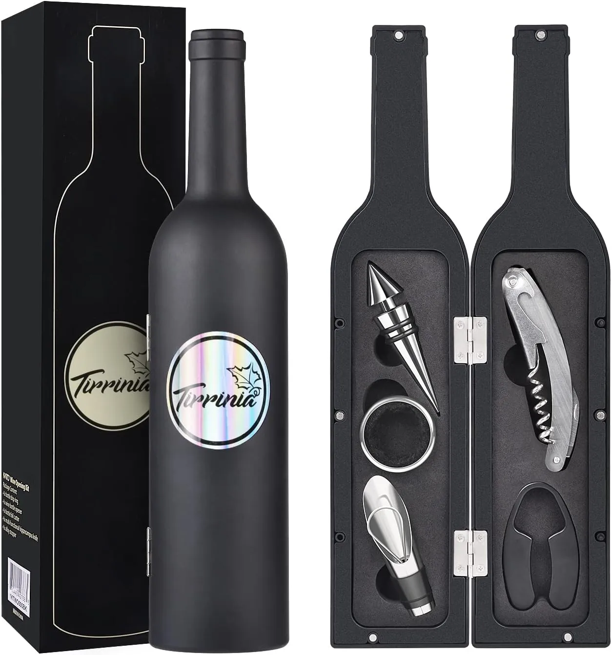 Kato Wine Accessories Gift Set - Bottle Corkscrew Opener Kit, Drip Ring, Foil Cutter, Wine Pourer and Stopper in Novelty Bottle-Shaped Case - Valentine's Gift, Black