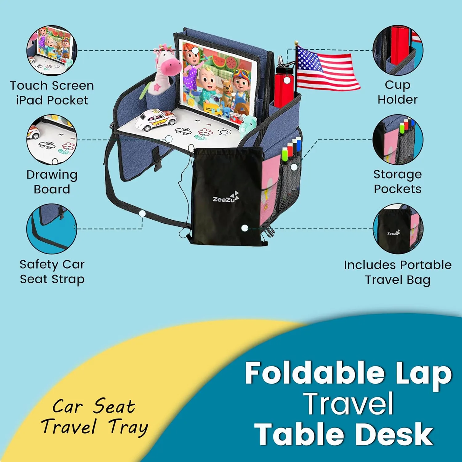 Kids Travel Tray - Foldable Toddler Lap Desk with Dry Erase Board, Car Seat Tray for Toddler, Waterproof Lap Tray for Airplane Kids Travel Essentials Table Tray for Road Trip Activities, Blue