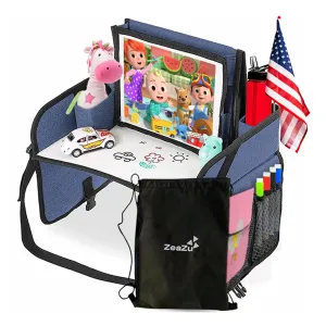 Kids Travel Tray - Foldable Toddler Lap Desk with Dry Erase Board, Car Seat Tray for Toddler, Waterproof Lap Tray for Airplane Kids Travel Essentials Table Tray for Road Trip Activities, Blue