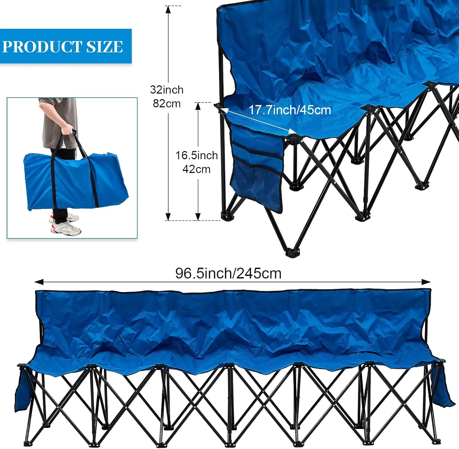 Kigley 6 Seats Folding Soccer Bench Chair Portable Team Sports Sideline Bench for Football Camp Travel Events Outdoor Seating with Storage Bag
