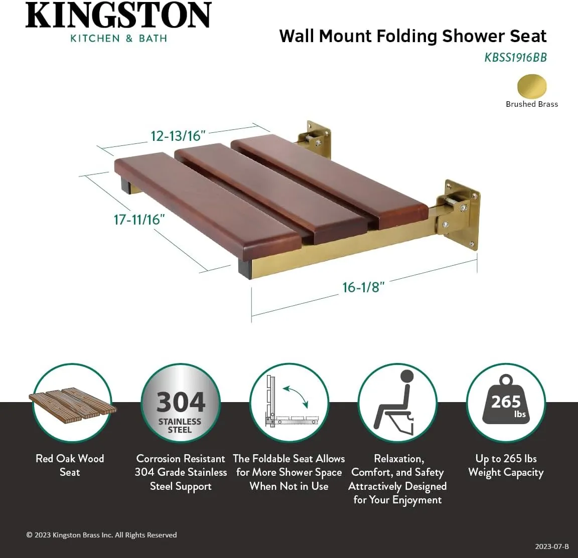 Kingston Brass KBSS1916BB Chaise 19" x 16" Wall Mount Folding Shower Seat, Brushed Brass