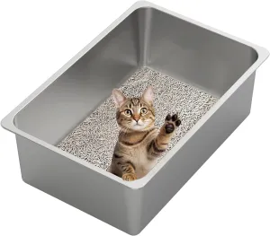 Kirecoo Stainless Steel Cat Litter Box XXL- Metal High Sided Cat Pan, Large Stainless Steel Box, Indoor Litter Tray, Non Stick, No Smell, Easy to Clean, Pet Toilet Supplies for Kitten, Kitty, Rabbit
