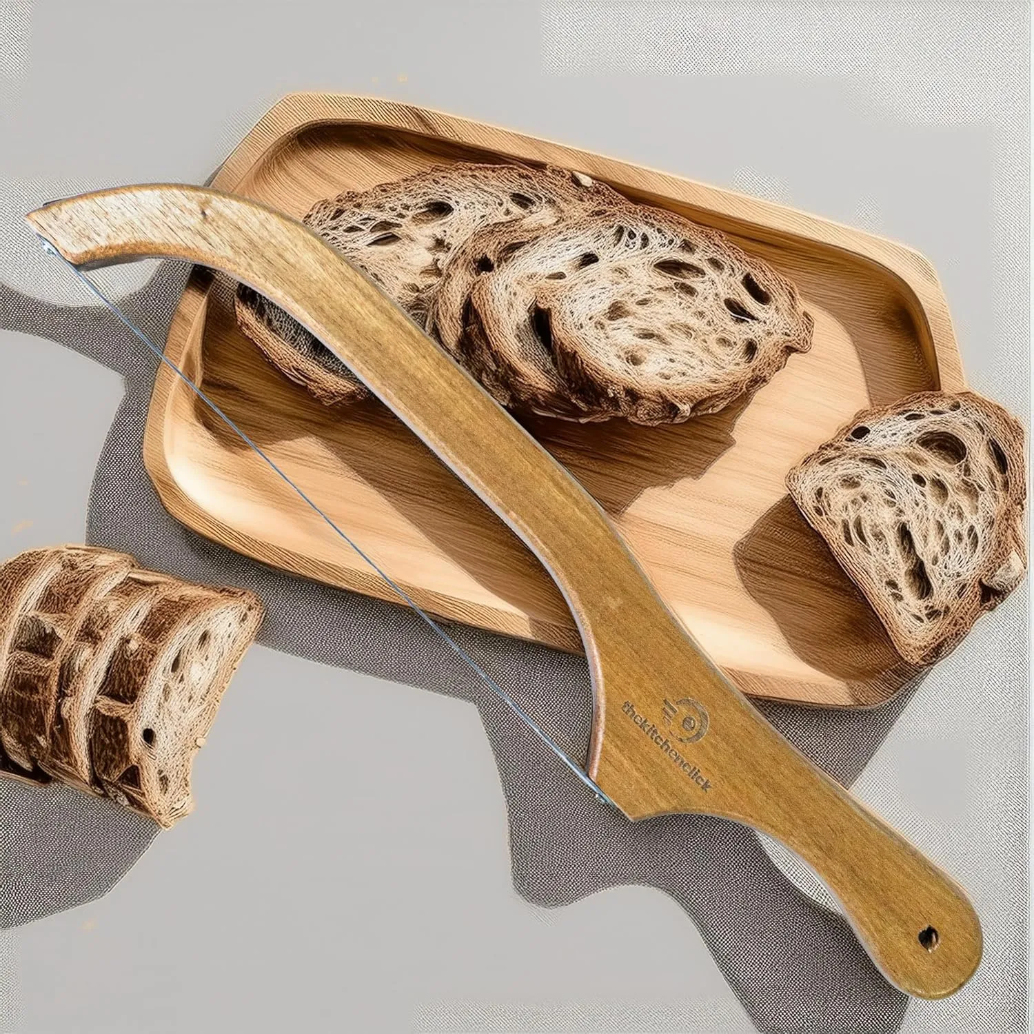 KitchenClick 16" Bread Knife for Homemade bread, Wooden Bread Bow Knife 3 Extra Stainless Steel Serrated Blades, sourdough Bread knife (Walnut Wood)