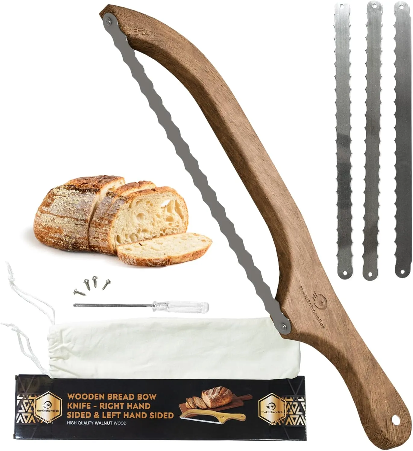 KitchenClick 16" Bread Knife for Homemade bread, Wooden Bread Bow Knife 3 Extra Stainless Steel Serrated Blades, sourdough Bread knife (Walnut Wood)