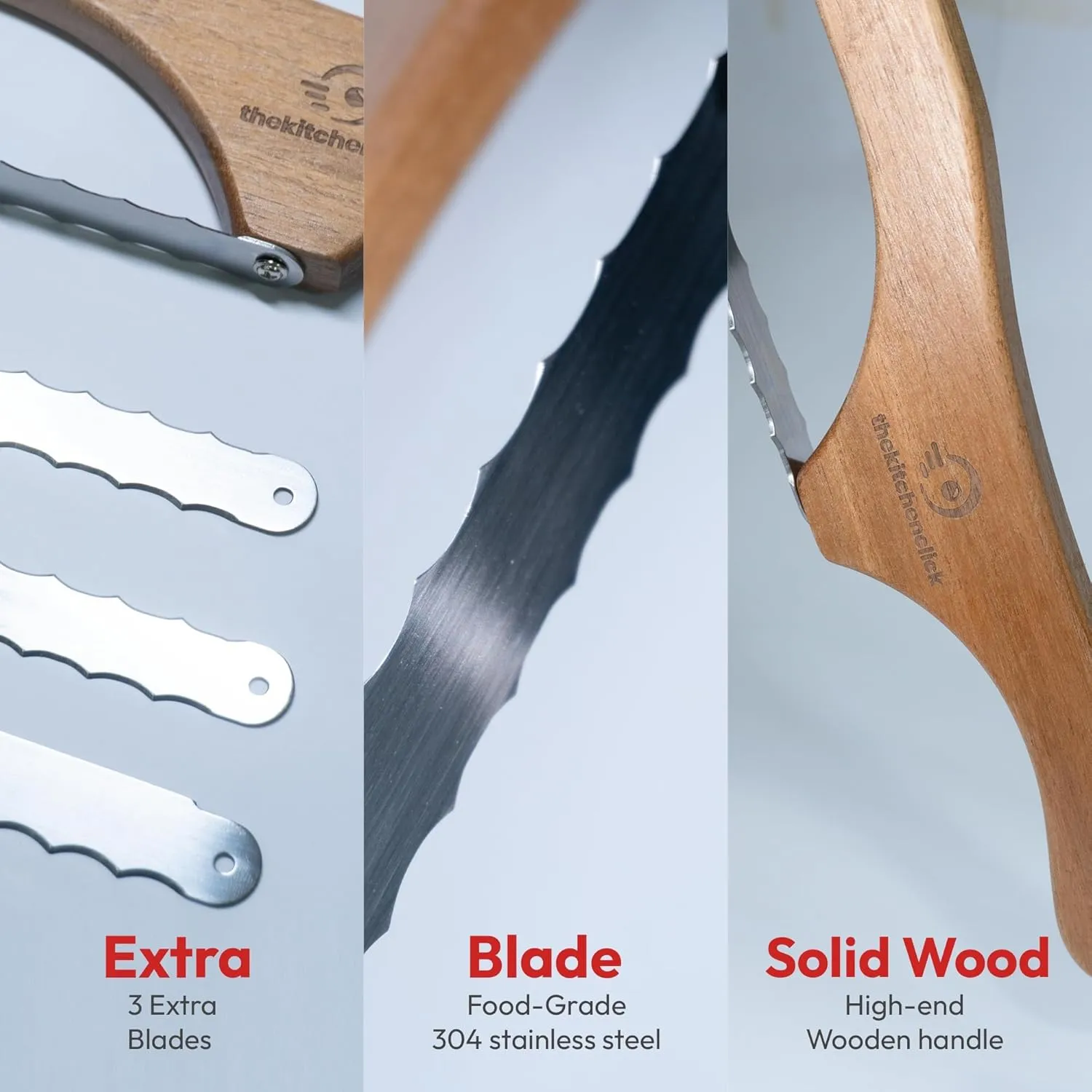 KitchenClick 16" Bread Knife for Homemade bread, Wooden Bread Bow Knife 3 Extra Stainless Steel Serrated Blades, sourdough Bread knife (Walnut Wood)
