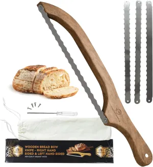 KitchenClick 16" Bread Knife for Homemade bread, Wooden Bread Bow Knife 3 Extra Stainless Steel Serrated Blades, sourdough Bread knife (Walnut Wood)