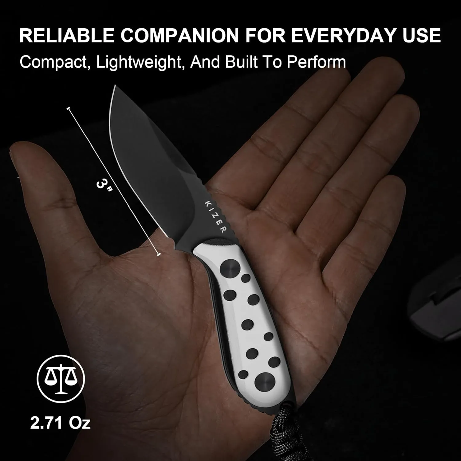Kizer BUDDY Fixed Blade EDC Knife, 3" Nitro-V Steel Camping Knife with Black & White G10 Handle, Everyday Carry Hunting Knives with Kydex Sheath for Outdoor Hiking & Survival Activities 1081A3