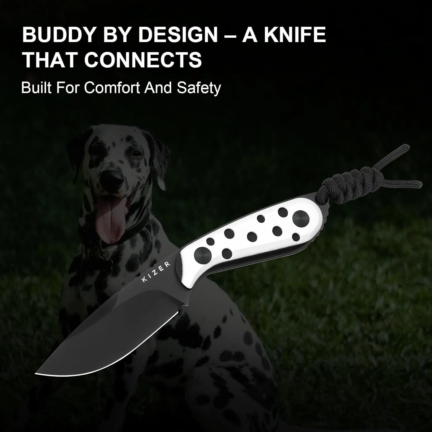 Kizer BUDDY Fixed Blade EDC Knife, 3" Nitro-V Steel Camping Knife with Black & White G10 Handle, Everyday Carry Hunting Knives with Kydex Sheath for Outdoor Hiking & Survival Activities 1081A3