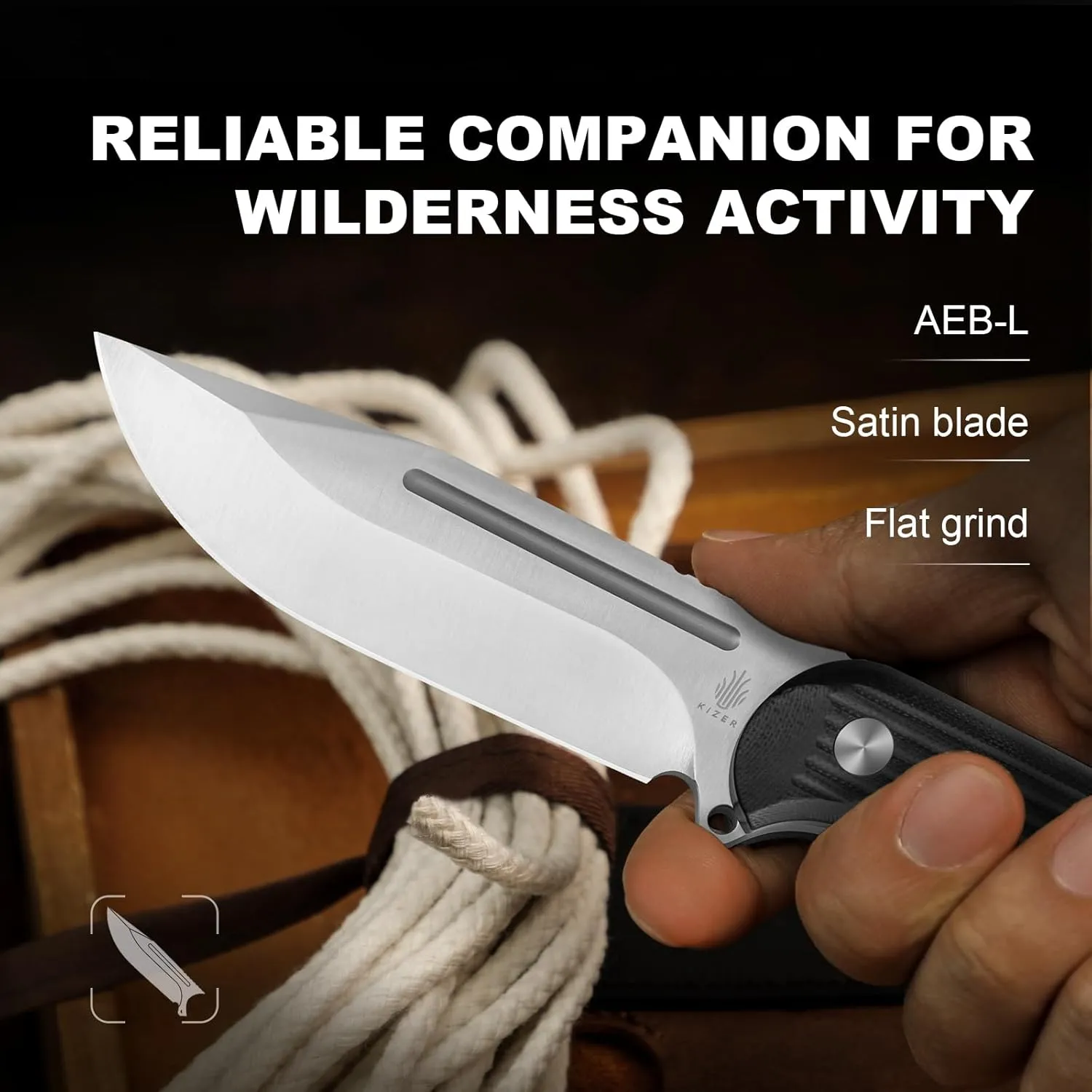 Kizer Ursa Major Fixed Blade Knife, 4.43" AEB-L Blade Hunting Survival Knife with Ergonomic Black G10 Handle, Full Tang EDC Camping Knives with Sheath & Hexagon Hole for Outdoor Activities, 1082A1