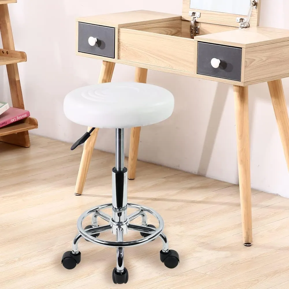 KKTONER PU Leather Modern Round Rolling Stool with Footrest Height Adjustable Spa Drafting Salon Tattoo Work Massage Stools Task Chair Small (White)