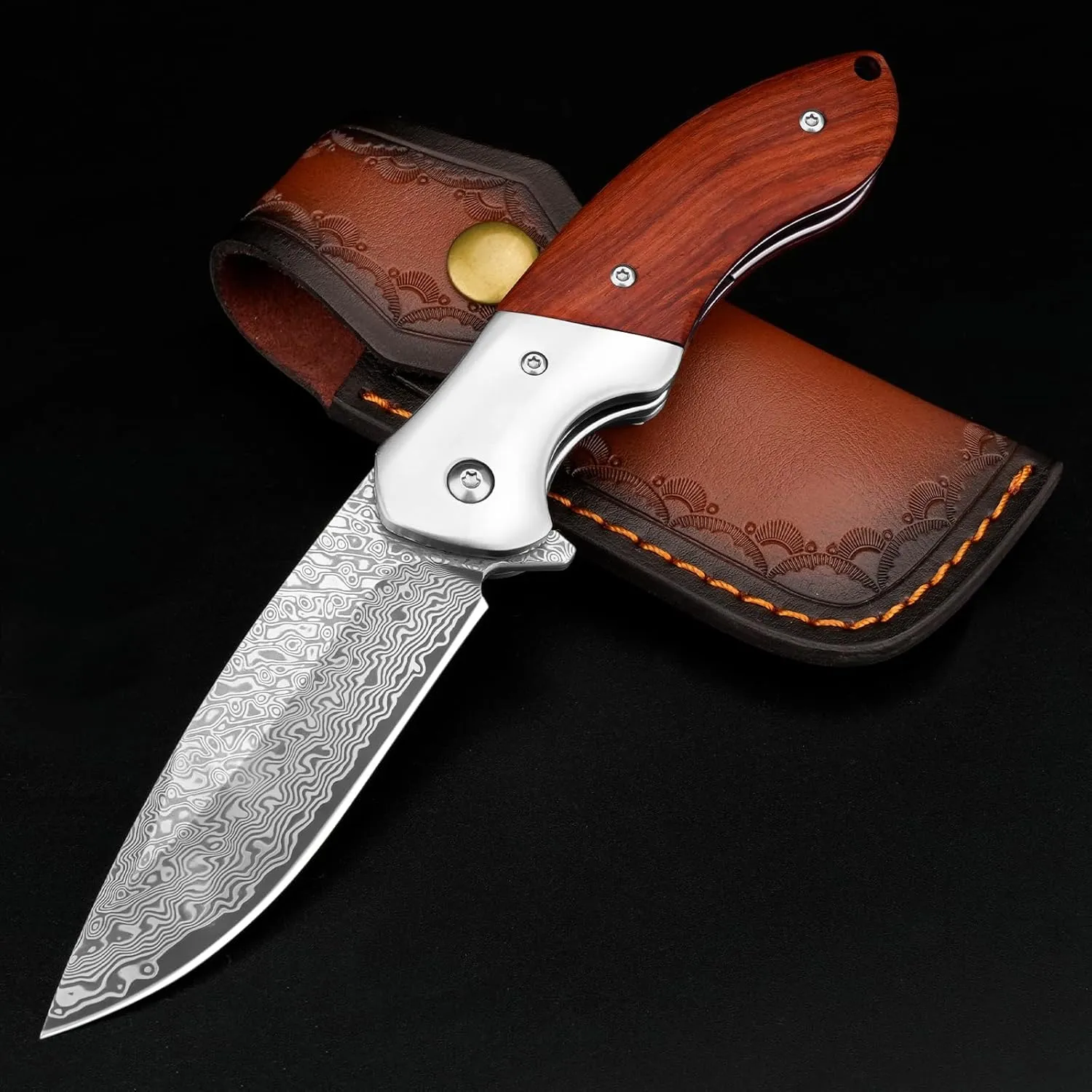 KOMWERO Damascus Pocket Knife, Sharp Damascus Steel Knife with Core VG10 Steel Blade Wood Handle, Folding Knife with Clip for Men Hunting, 60 HRC, Blade Length 3.34"