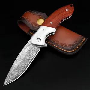 KOMWERO Damascus Pocket Knife, Sharp Damascus Steel Knife with Core VG10 Steel Blade Wood Handle, Folding Knife with Clip for Men Hunting, 60 HRC, Blade Length 3.34"