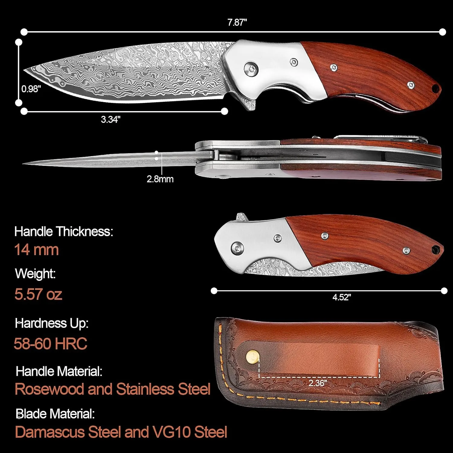 KOMWERO Damascus Pocket Knife, Sharp Damascus Steel Knife with Core VG10 Steel Blade Wood Handle, Folding Knife with Clip for Men Hunting, 60 HRC, Blade Length 3.34"