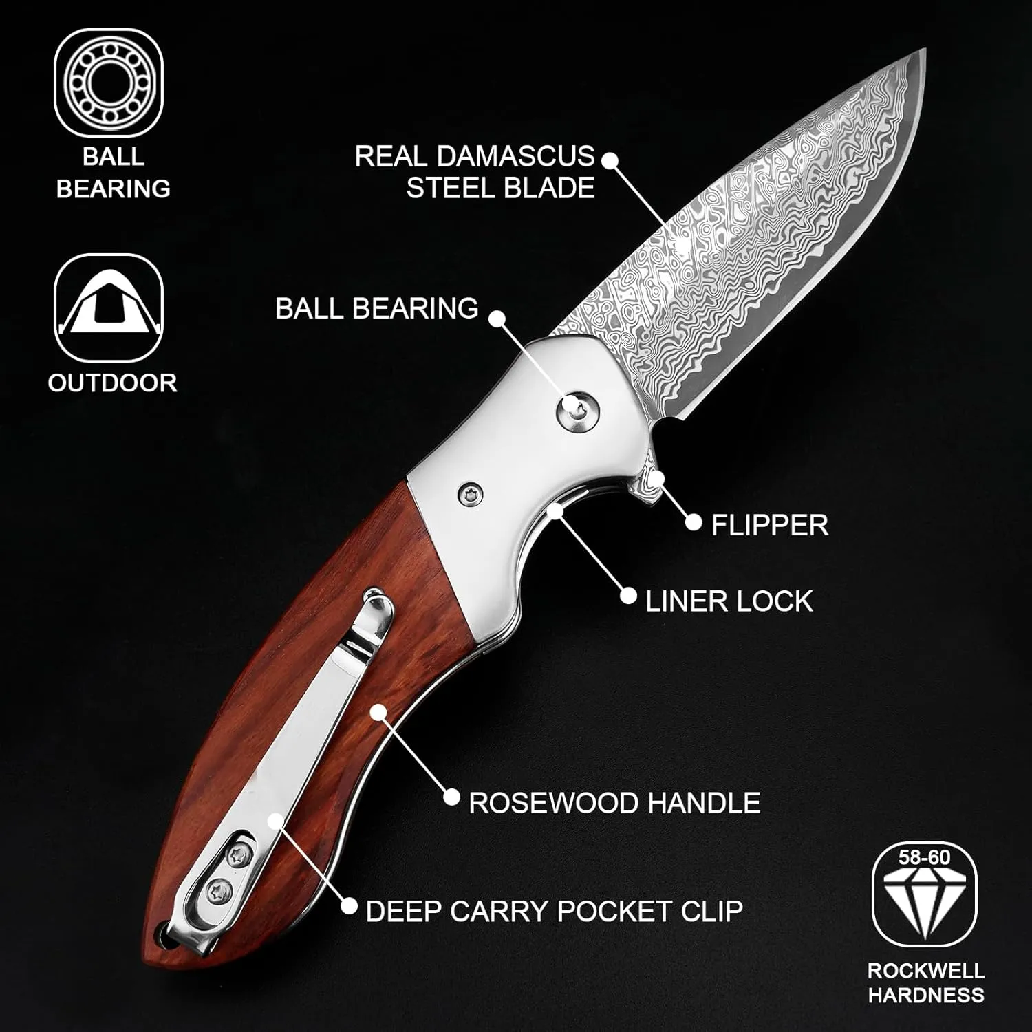 KOMWERO Damascus Pocket Knife, Sharp Damascus Steel Knife with Core VG10 Steel Blade Wood Handle, Folding Knife with Clip for Men Hunting, 60 HRC, Blade Length 3.34"