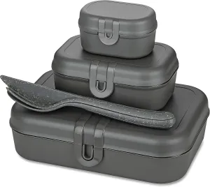 Koziol 7168701 Nature Ash Grey 4-Piece Plastic Lunchbox Set with Knife, Fork, Spoon, and Clasp, Ideal for On-the-Go Eating