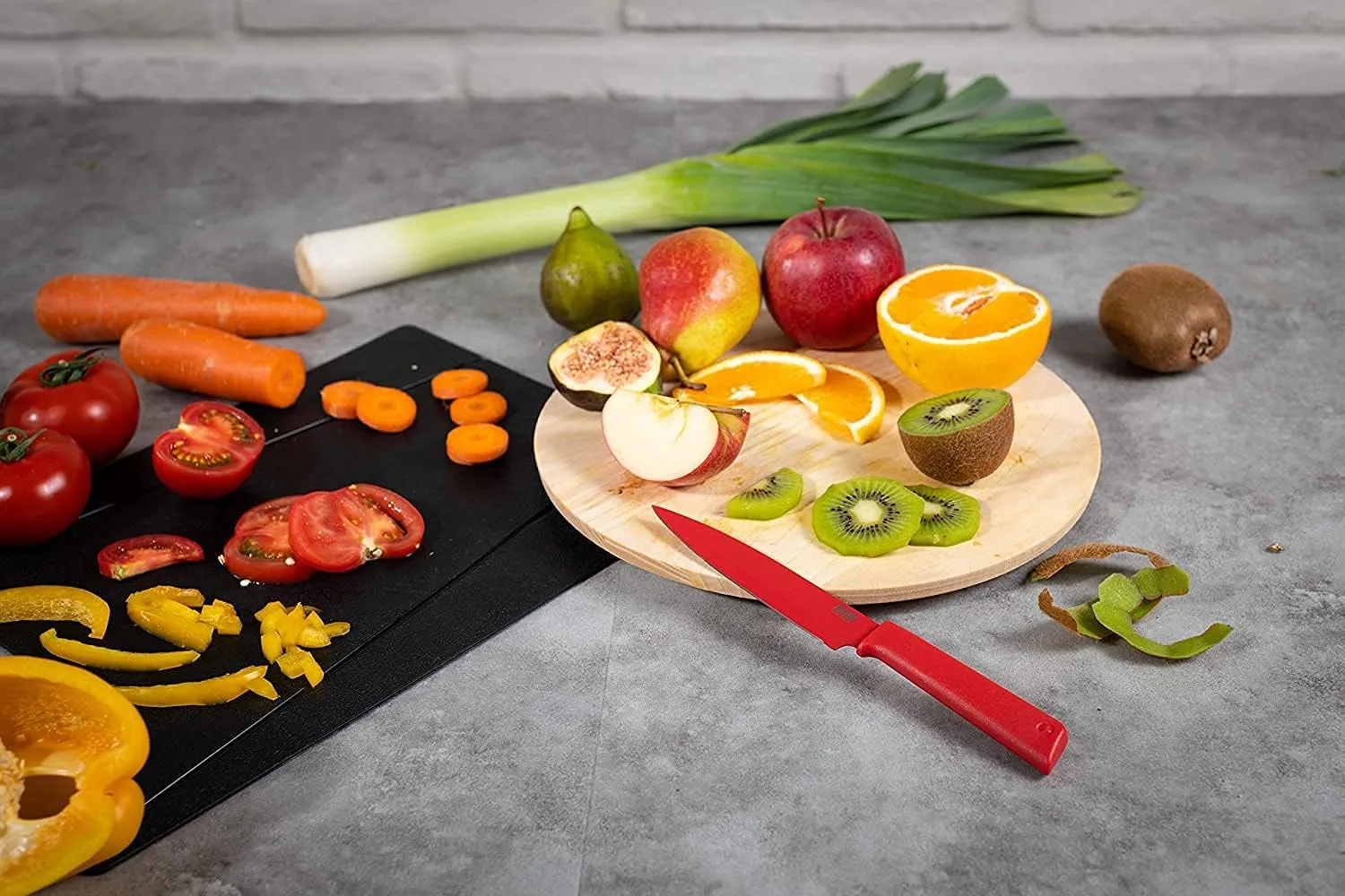 Kuhn Rikon COLORI  Mixed Knife Set with Non-Stick Coating and Safety Sheaths, Set of 3, Green, Red and Graphite Grey