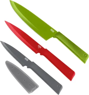 Kuhn Rikon COLORI  Mixed Knife Set with Non-Stick Coating and Safety Sheaths, Set of 3, Green, Red and Graphite Grey