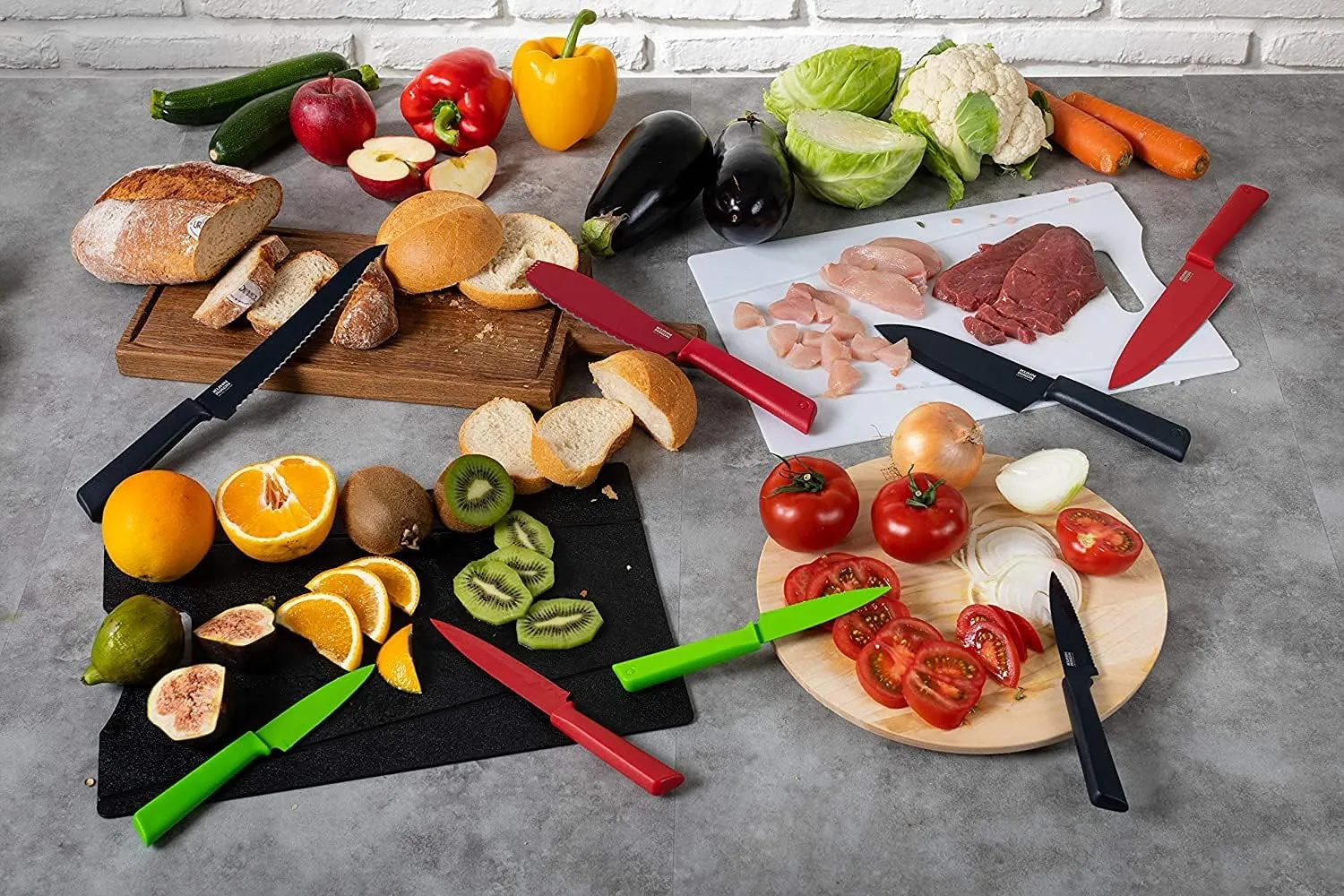 Kuhn Rikon COLORI  Mixed Knife Set with Non-Stick Coating and Safety Sheaths, Set of 5, Fuchsia, Blue, Graphite Grey, Green and Red