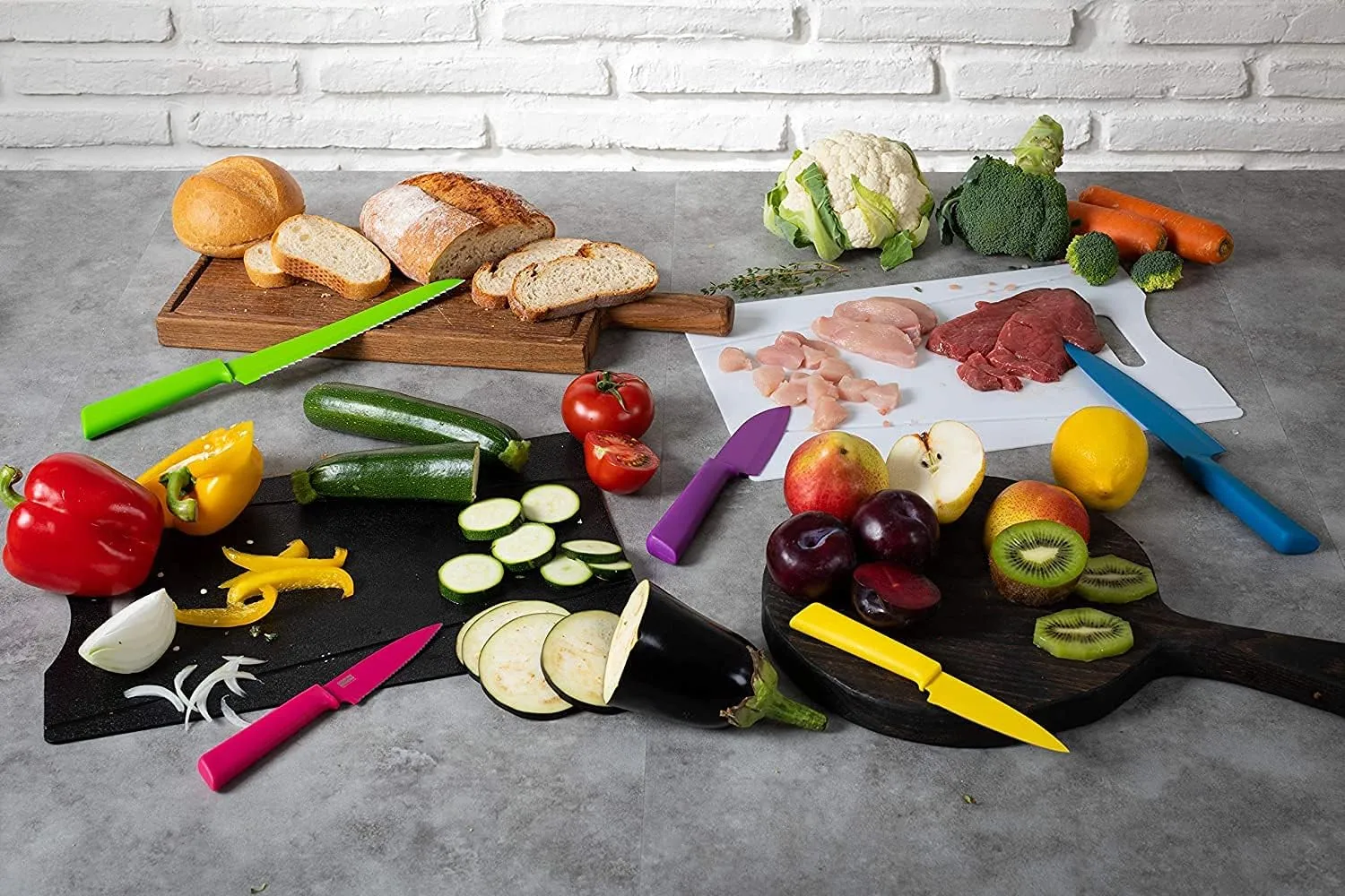 Kuhn Rikon COLORI  Mixed Knife Set with Non-Stick Coating and Safety Sheaths, Set of 5, Fuchsia, Blue, Graphite Grey, Green and Red