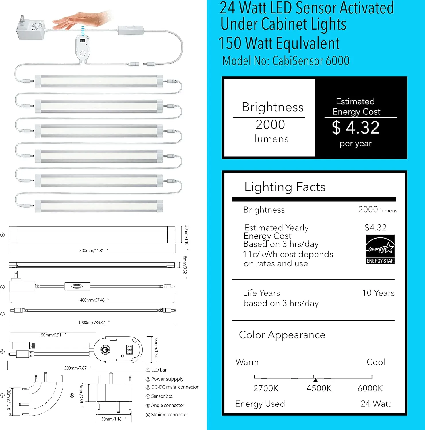 LAMPAOUS Under Cabinet Lighting - Motion Sensor Light Bar for Kitchen Cabinet, Above Sink & Linkable - Ideal for Counter Top Use - Cabinet Lighting Solution (Natural White)