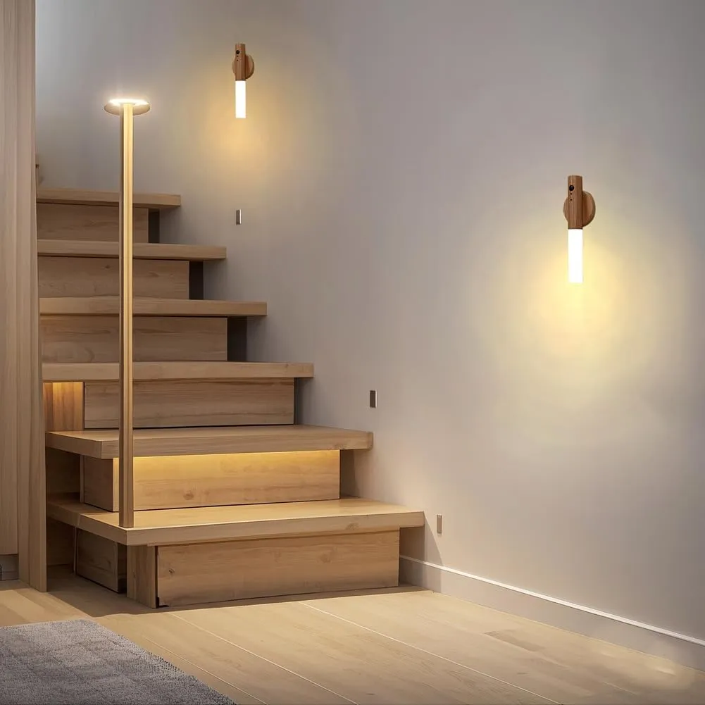 LANDGOO RGB Motion Sensor Night Light, Magnet Body Hallway Atmosphere Lamp, Battery Powered Rechargeable LED Portable Wooden Wall Sconce (RGB Ash Wood 1PC)